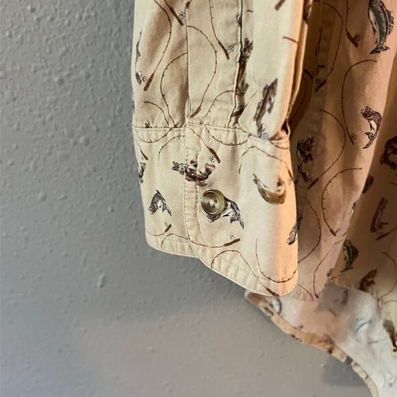 Chaps Ralph Lauren Men’s Button Down Shirt Fishing Print Beige Cotton Size L - Picture 5 of 6